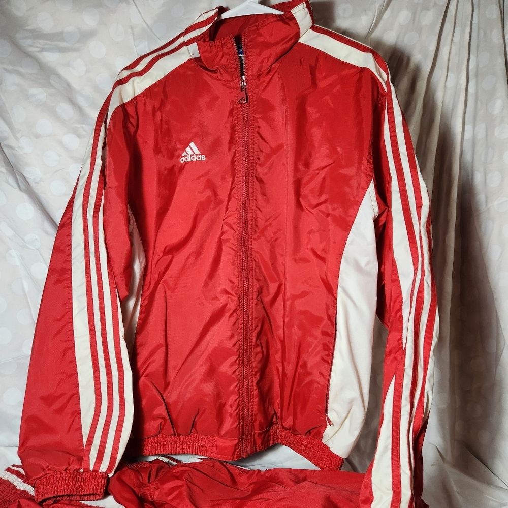 Vintage Men's Adidas Red & White Striped Windbreaker Tracksuit